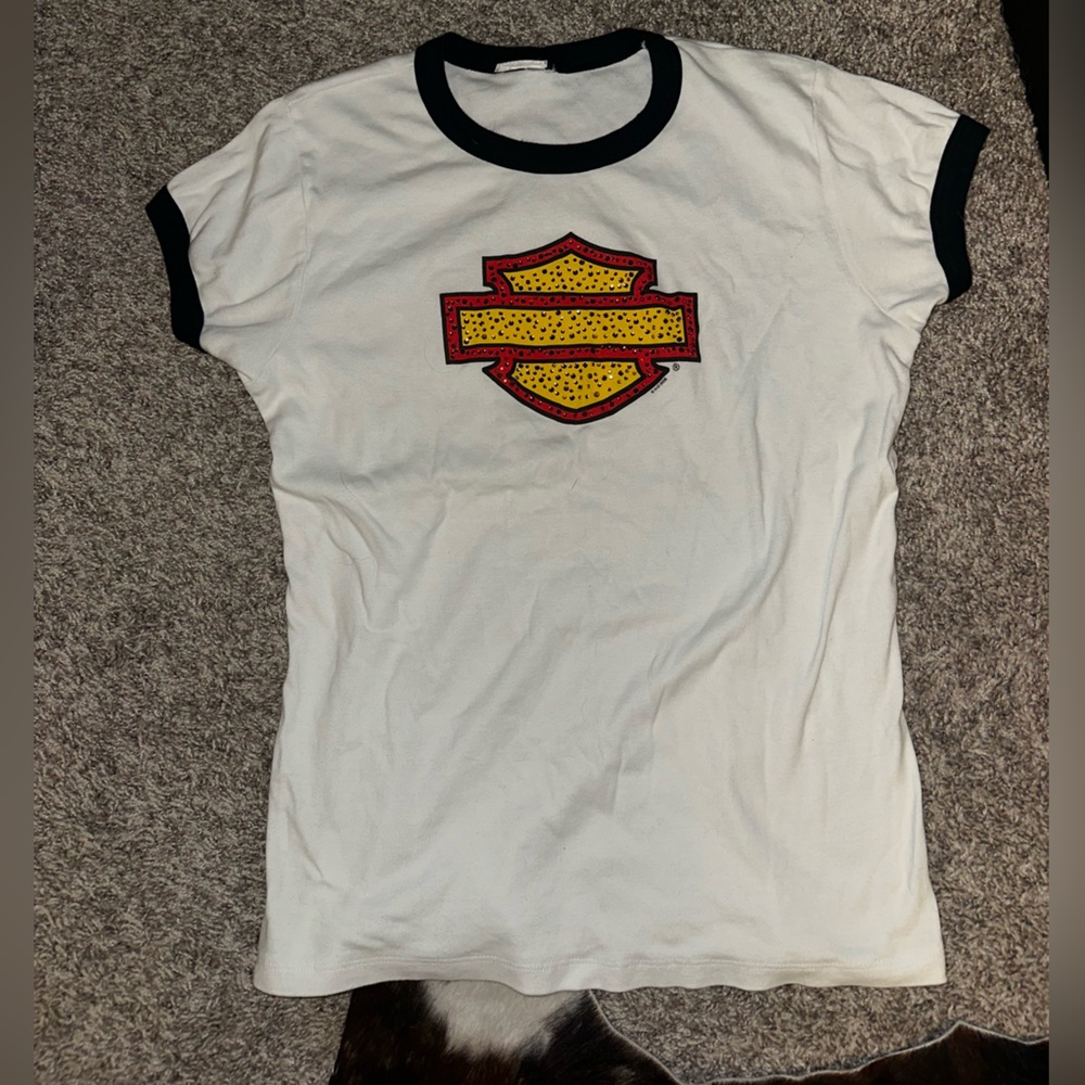 Harley-Davidson White Ringer Tee with Red and Yellow Shield Graphic
